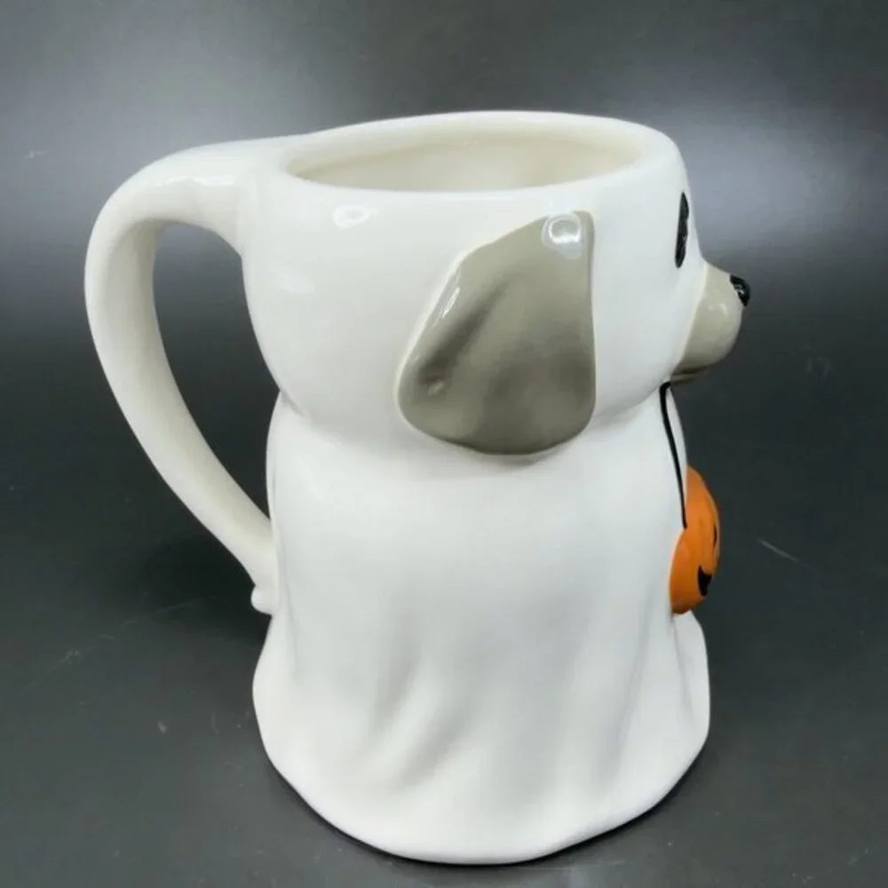 Pottery Barn Ceramic Dog Ghost Holding A Pumpkin Coffee Mug Cup Whimsical 25oz‎